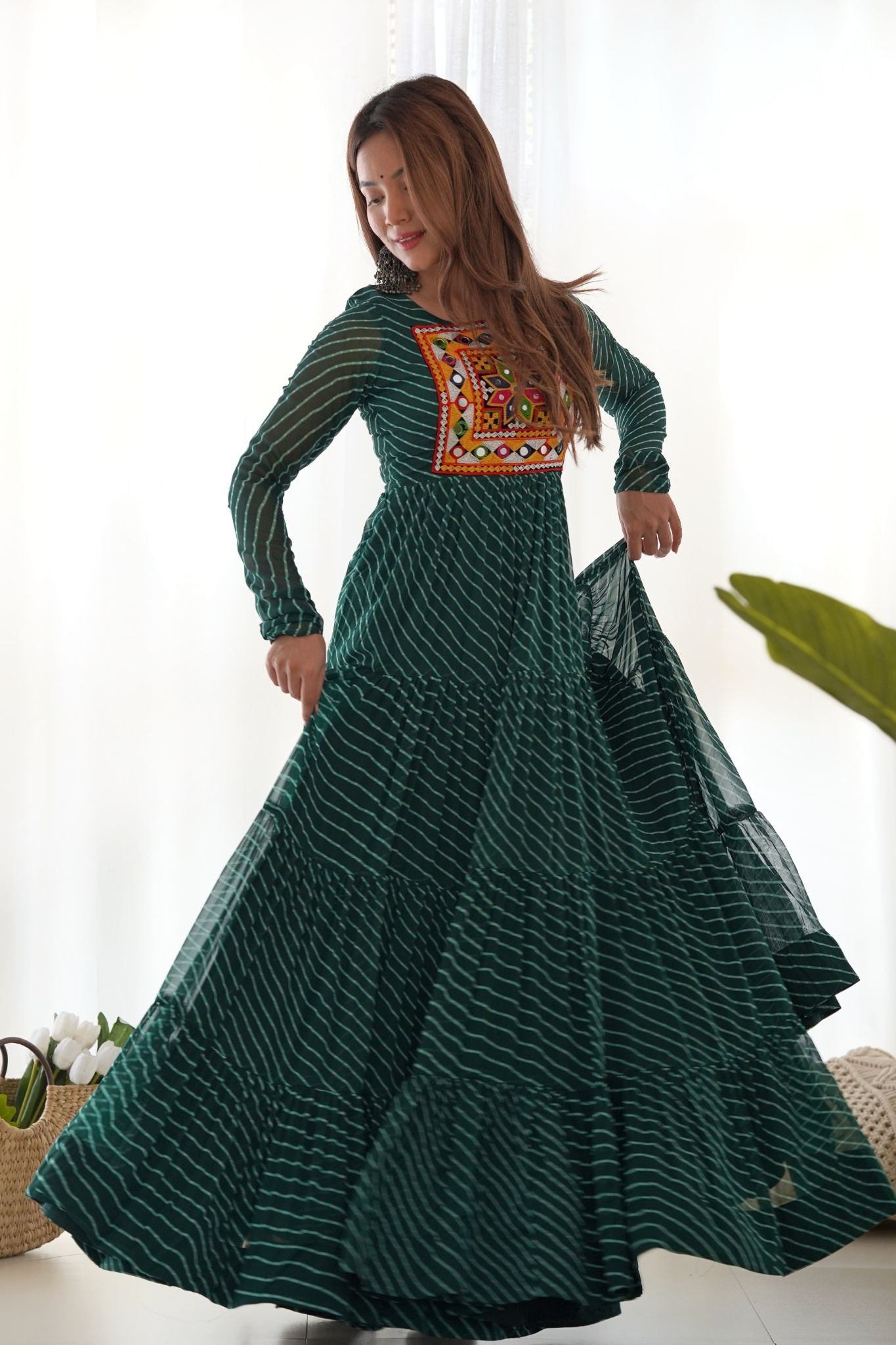 Green lehiriya print navratri special anarkali gown