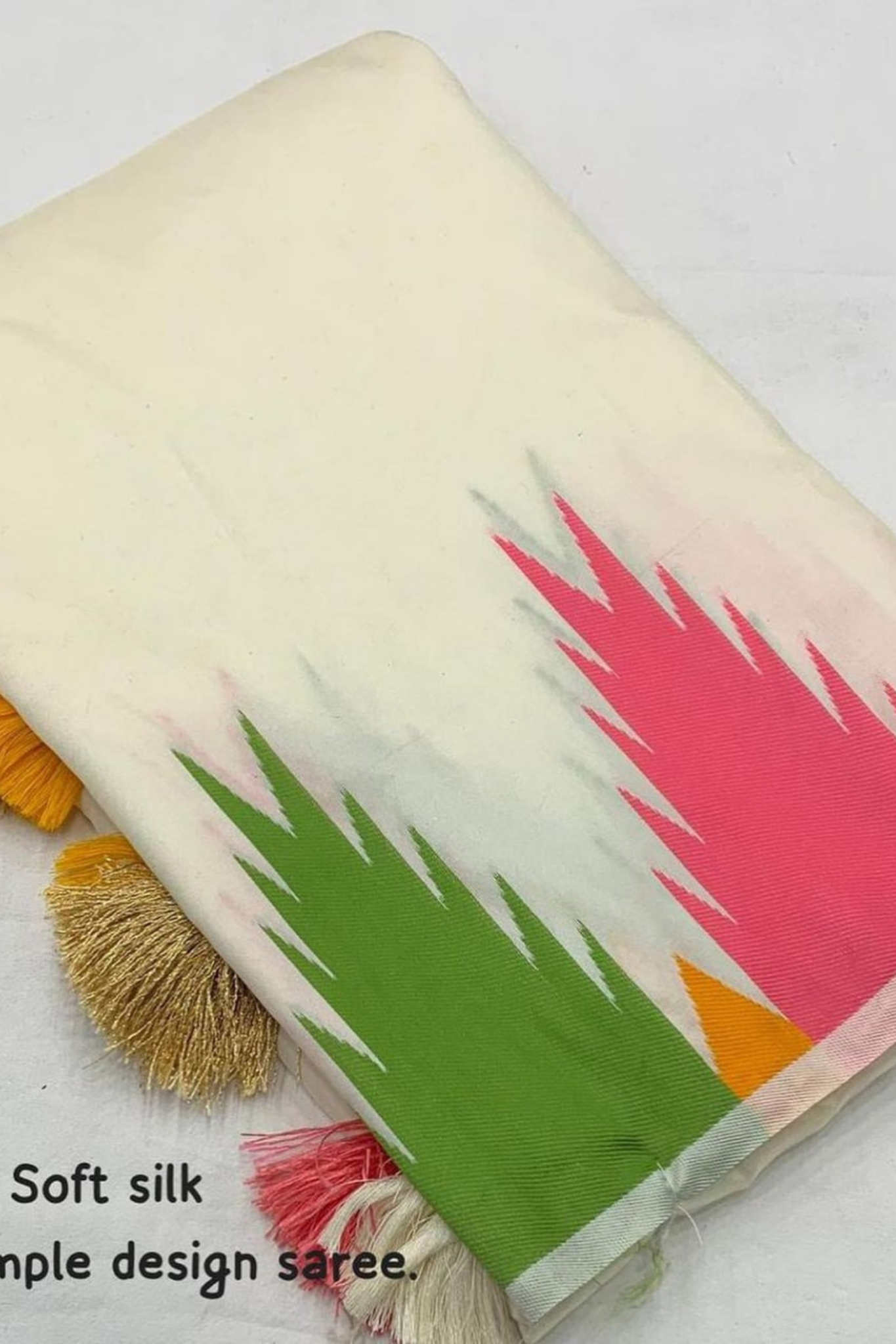 Designer Ivory Temple Woven Saree With Cotton Tassels