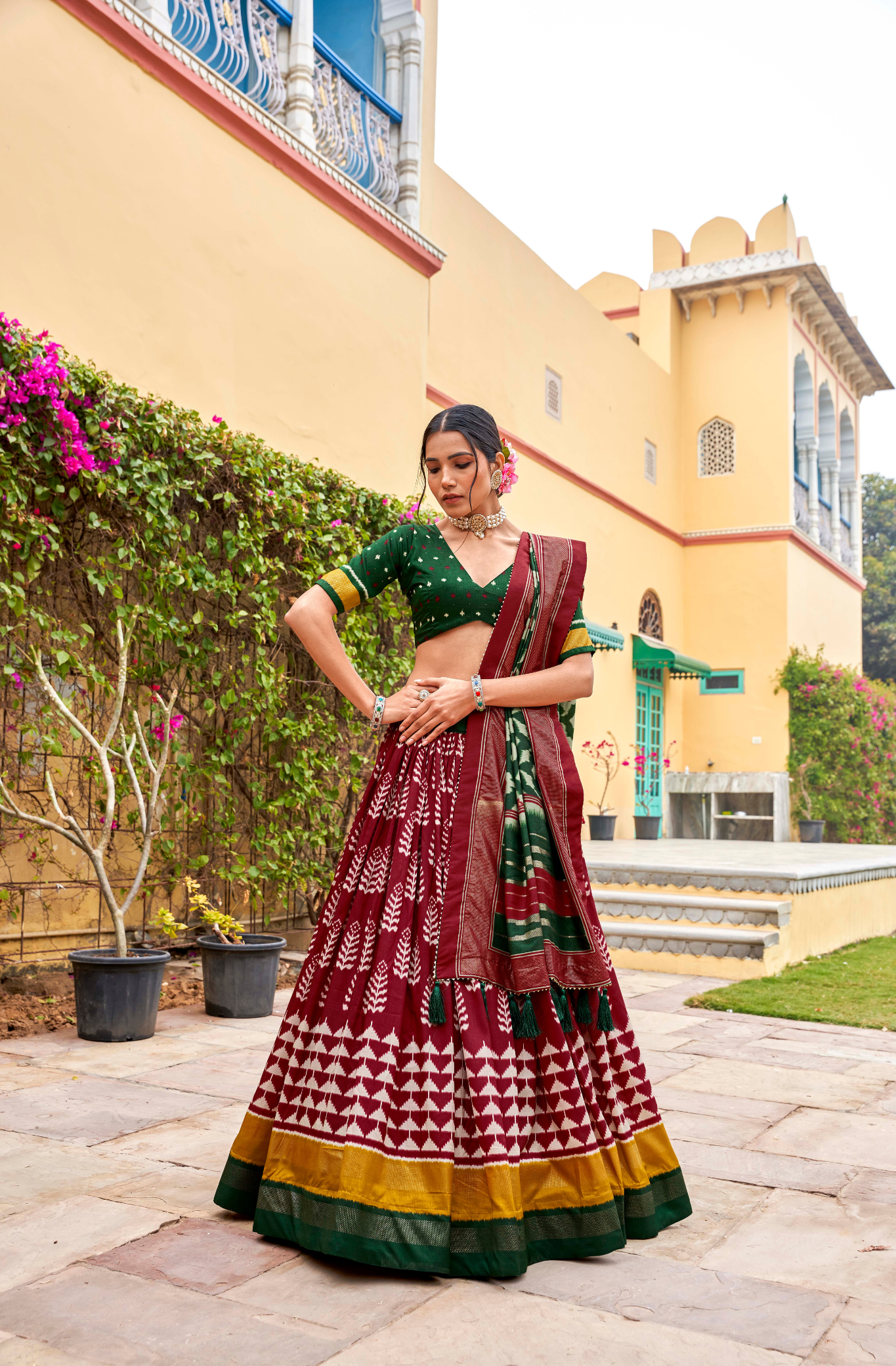 Adorned in printed Tusser silk lehenga choli,