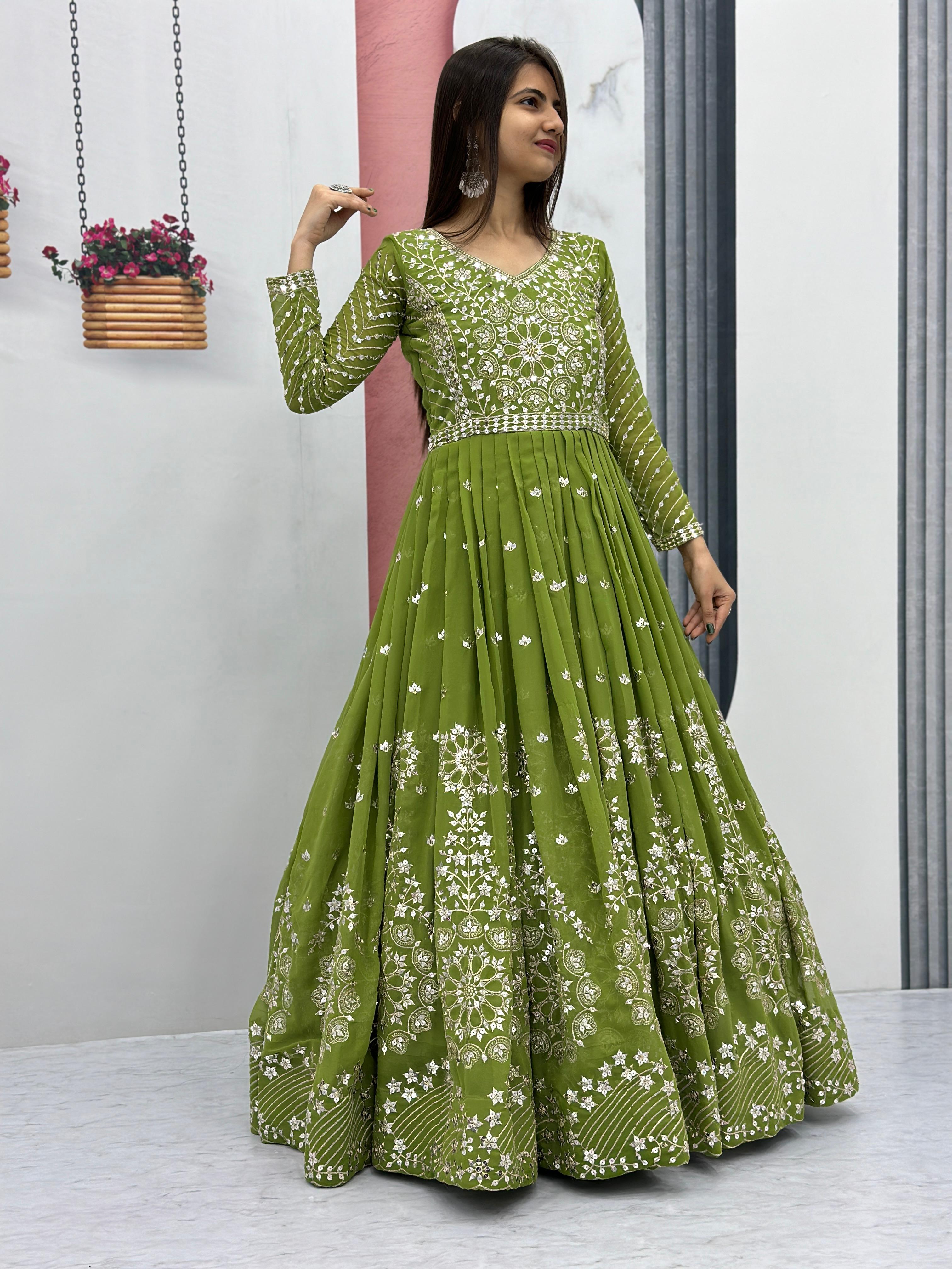 Heavy Sequins and Embroidered Work Pista Gown with Dupatta Set